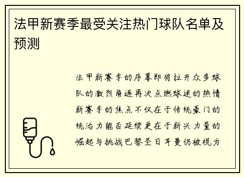 法甲新赛季最受关注热门球队名单及预测